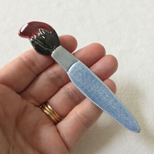 Ceramic Paintbrush Brooch Red Paint Black Brush and Light Blue Handle
